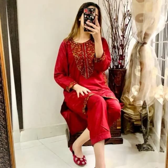 2 Psc Women's Stitched Linen Embroidered Suit