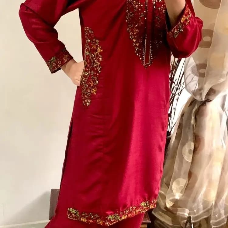 2 Psc Women's Stitched Linen Embroidered Suit
