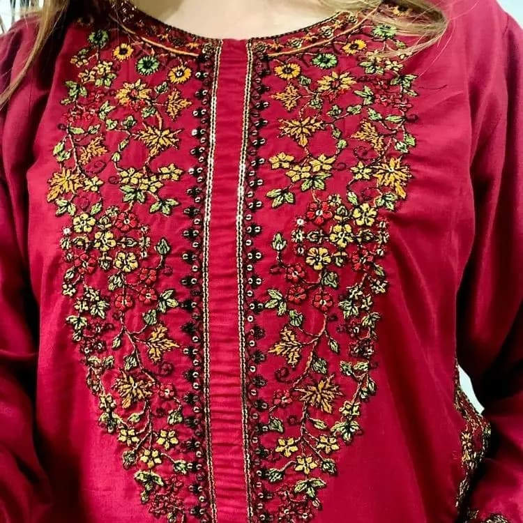 2 Psc Women's Stitched Linen Embroidered Suit